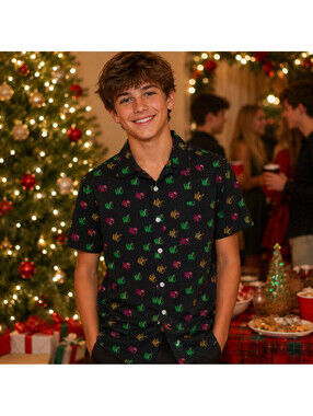 Wurl Boys Shirt "Ho Ho Ho" Black Christmas Collared Cotton Cruise Youth Sz Large